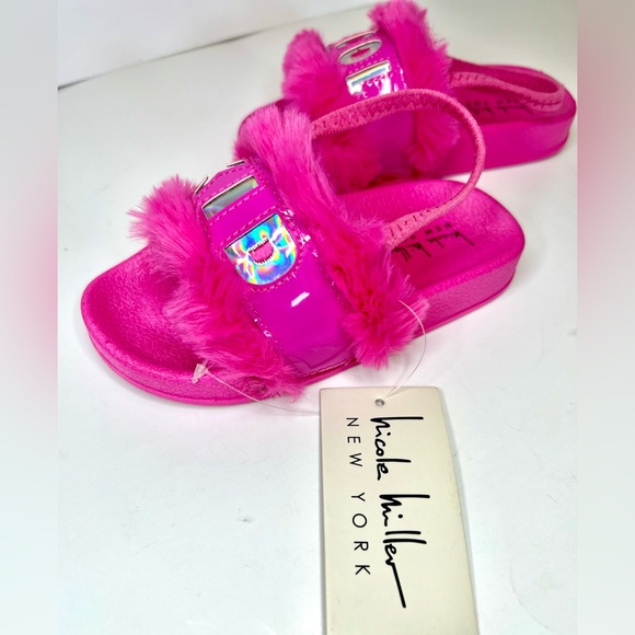 Nicole Miller Toddler Pink Faux Fur Sandals Slides - Girls Slides NEW - Picture 6 of 10